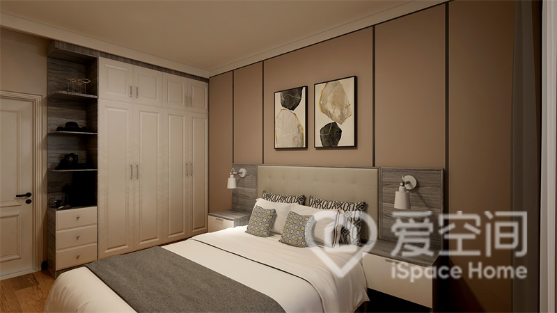 床头柜对称设计，增加了生活仪式感，独特的墙面装饰画，让次卧空间更为时尚。