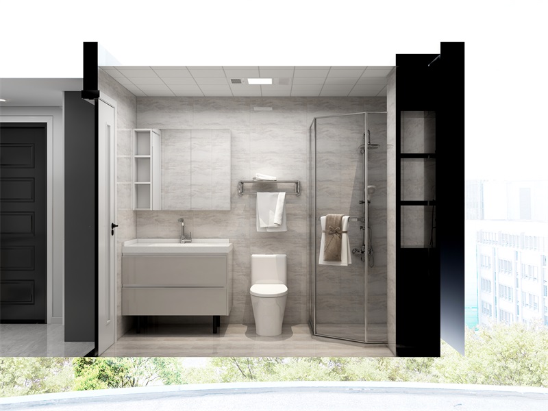 卫浴空间以米色为主，采用玻璃做了淋浴房，洗手台悬空设计，避免了卫生死角。