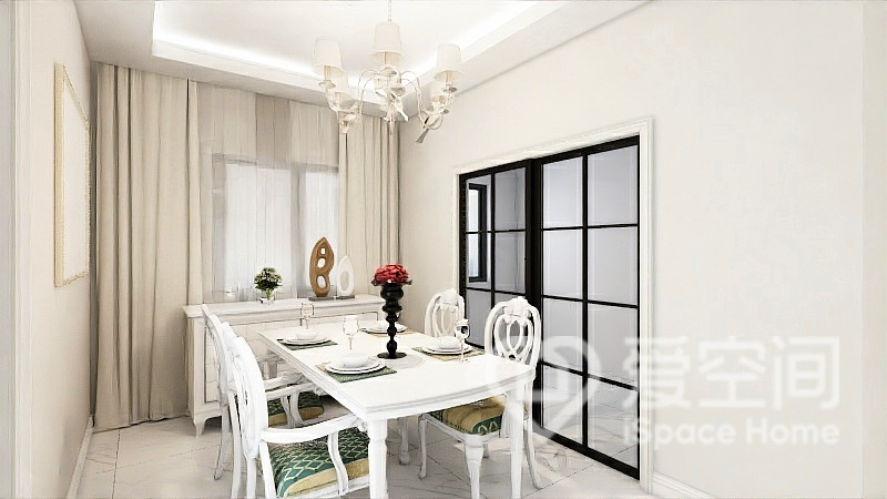 餐廳以白色為空間主色，展現出空間的開闊和通透，餐桌椅彰顯和諧統一。