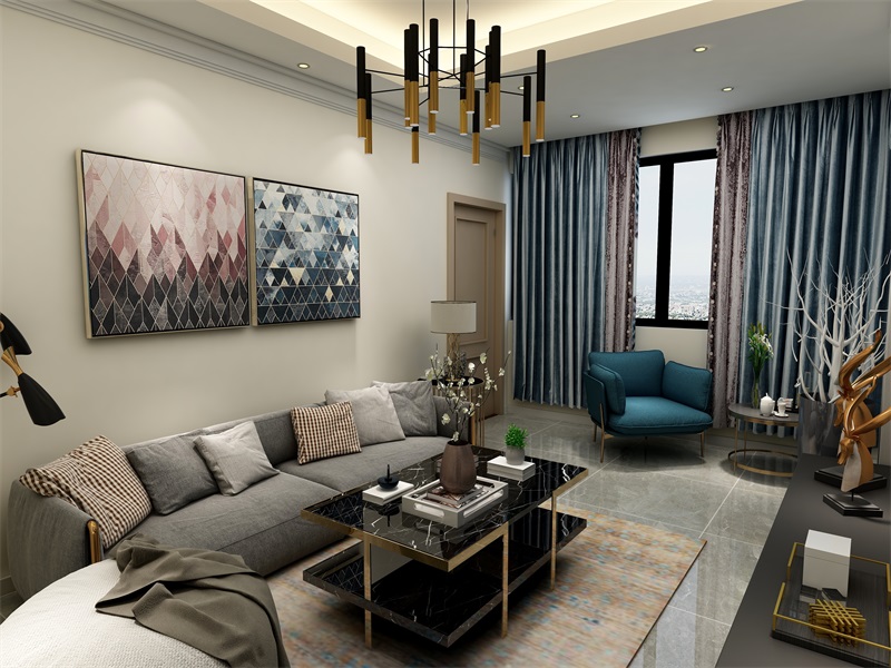 设计师选用米色作为客厅背景，搭配灰色布艺沙发，打造出清新自然的居室。