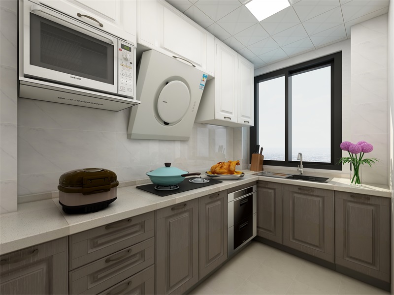 厨房讲究着色优雅，浅咖色与白色相互搭配，令烹饪空间简洁又美观。