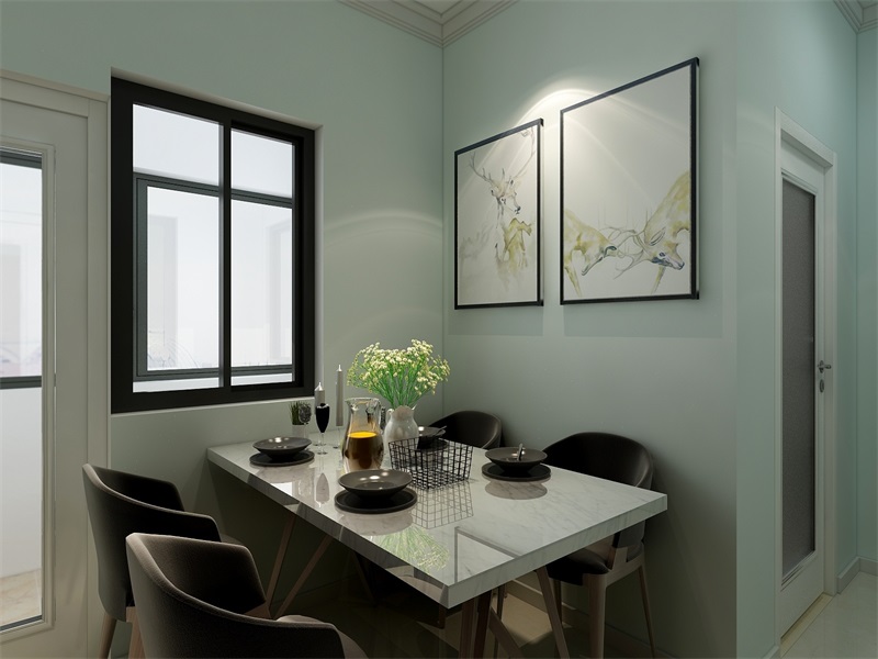 黑色餐椅、窗边和框边，勾勒出餐厅空间的气质轮廓，配以白色餐桌，设计感十足。