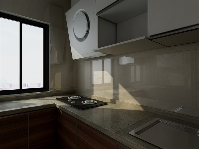 廚房整體大氣有序，木質櫥柜搭配白色吊柜，彰顯出主人對現代風格的審美品味。