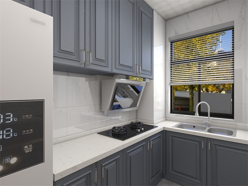 厨房空间动线规划合理，雾霾蓝橱柜搭配白色工作台，令空间艺术感十足。