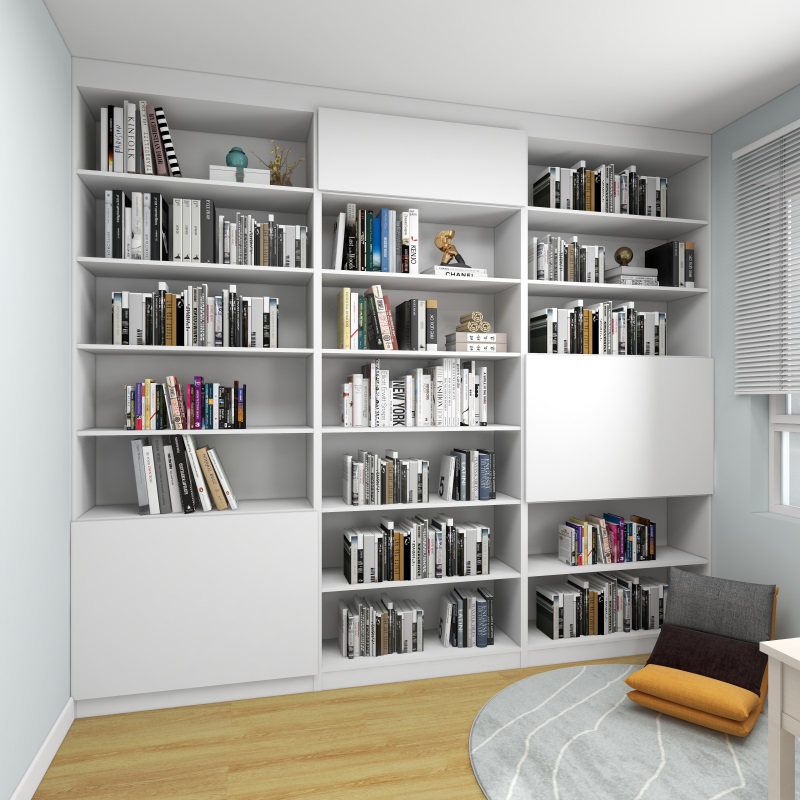 书房书柜颜值与功能性并存，原木地板提升了空间的温馨色彩，冷暖视觉得到平衡。