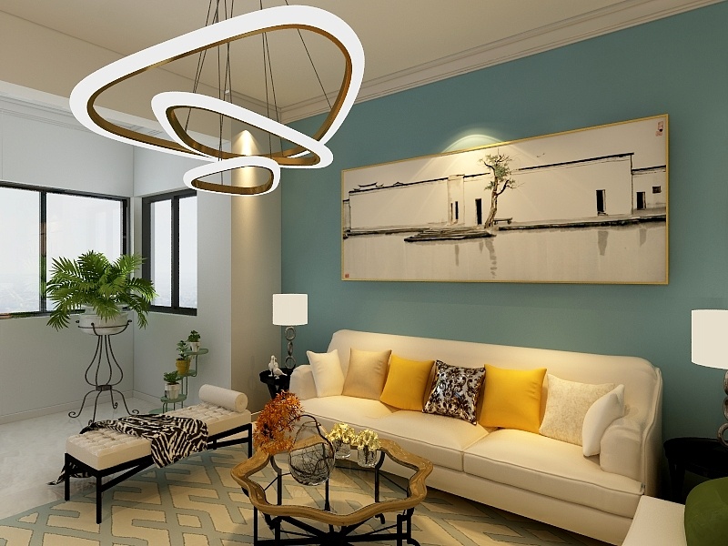 客厅作为公共区域，用蓝色背景搭配白色沙发的设计手法，提升了空间的温馨感。