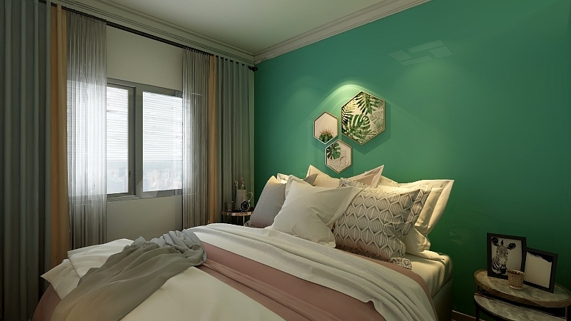 主卧背景墙使用绿色涂料塑造，看上去明亮大方，配以暖色软装，温馨不失格调。