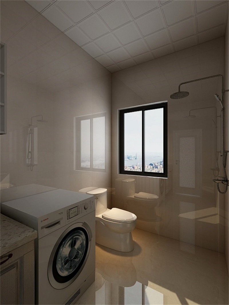 卫浴间铺贴米色砖面，雅致大方，半隔断干湿分离设计赋予了空间时尚感。