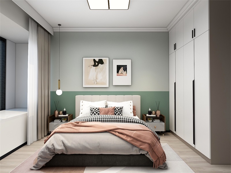 次臥背景采用深淺綠色搭配，加以灰粉色床品裝飾，空間的時尚氣息更加濃郁。
