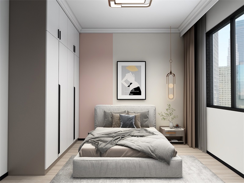 次卧背景采用米粉撞色搭配，加上灰色床品装饰，令空间更具有精致感。