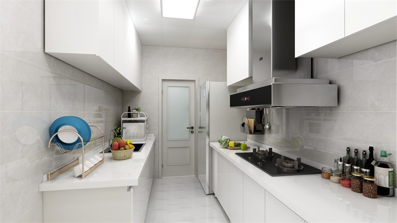 厨房设计简约素雅，白色橱柜展现出低调的温馨氛围，呈现出和谐的空间美感。