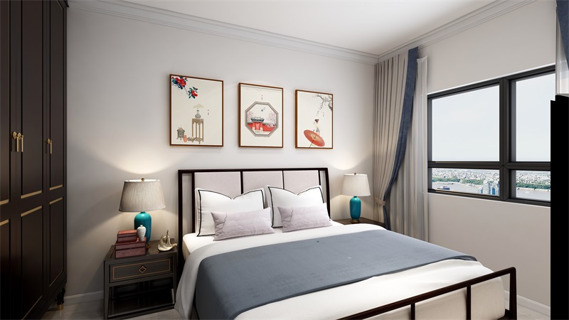 次卧家具十分优雅，灰白色床品搭配增加了空间的中式魅力，带来温雅的气息。