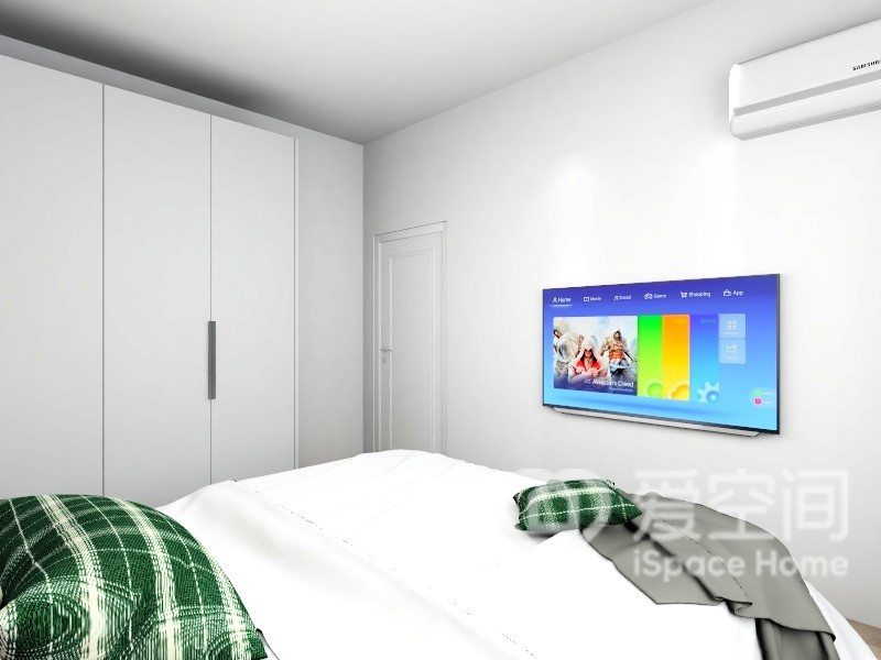 为了满足居住中的便利性，卧室不仅仅融合了储物的功能，卧室还安装了电视机，在休息时也能享受娱乐时光。