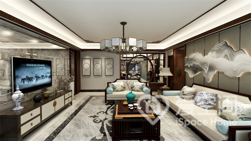 客厅以新中式文化为设计理念，去繁从简，沙发墙富有禅韵和诗意。