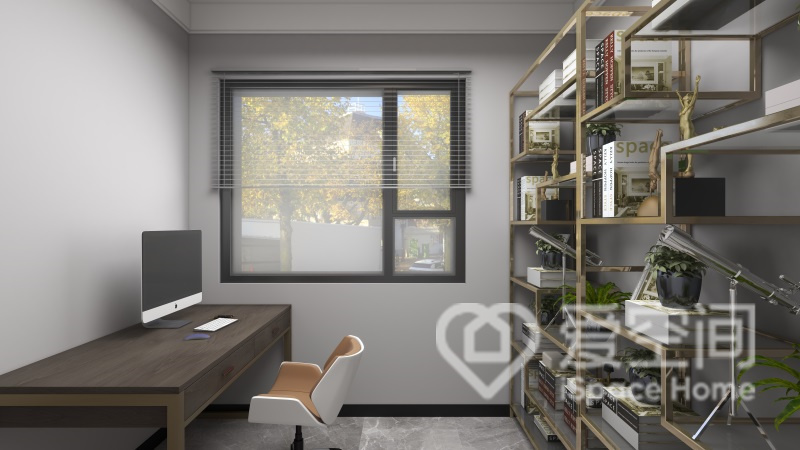 書房通過簡潔的家具塑造空間感，書架充滿呼吸感，書桌椅簡潔大方。