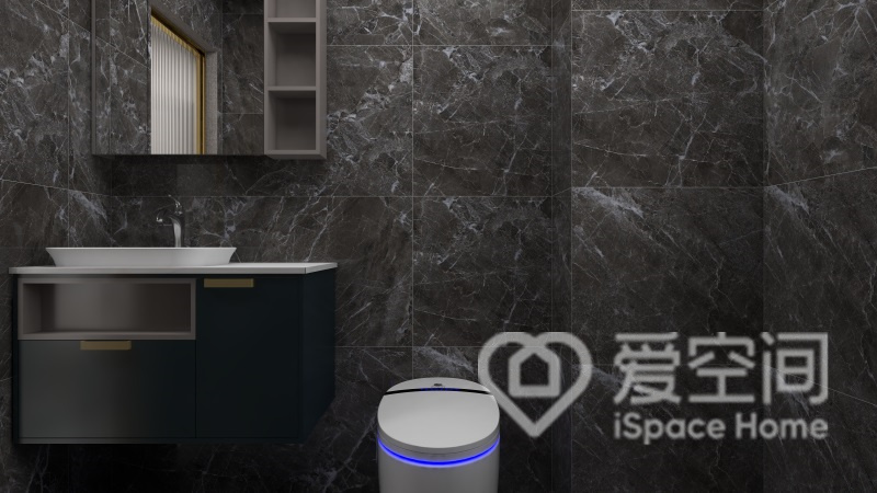 衛生間背景墻采用大理石磚面鋪貼，搭配智能馬桶和質感洗手臺，空間更具實用性。