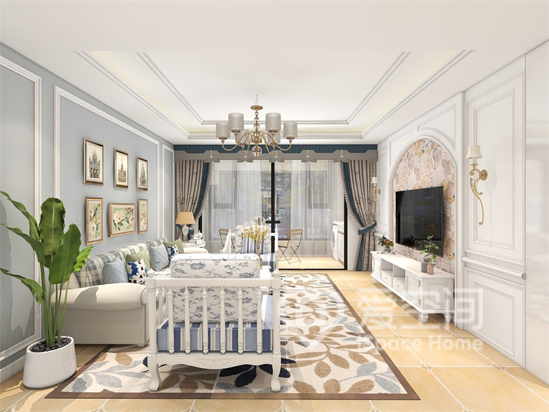 客厅以白色为主色调，搭配蓝色，使空间的层次感突出，给人一种眼前一亮的感觉。