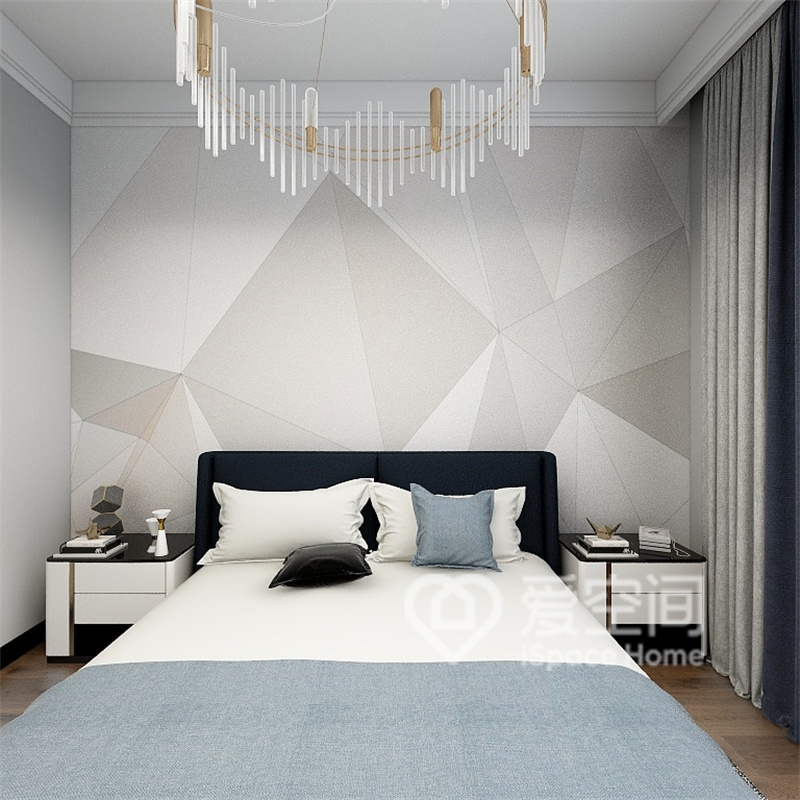 次卧空间通透，背景墙设计很潮也很使用。蓝白色的床品，使空间充满了活力。