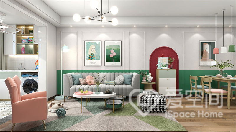客廳背景墻巧妙的采用白色和綠色拼接，配以灰色沙發，演繹出獨特的設計語言。