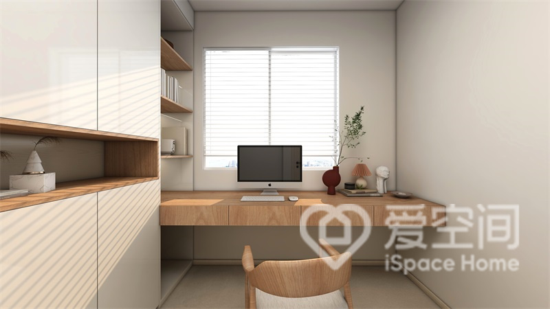 书房内部的桌子是简单的长条形的设计，强调质朴感与实用性。