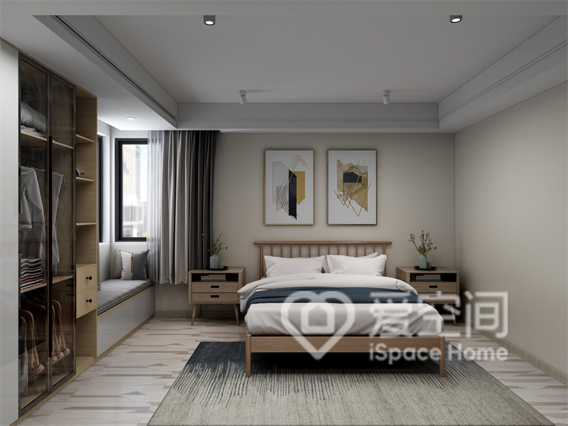 主臥設計簡單，以米色為主色調，展現出舒雅安靜的氛圍，原木元素的融入彰顯出空間的溫婉。
