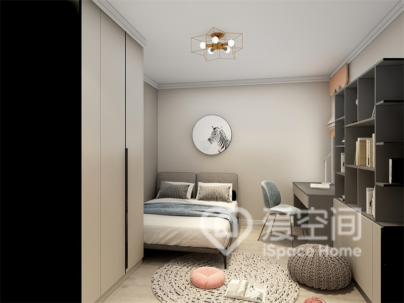 次卧采用清新柔和的米色调为背景，家具造型诠释出现代风格的简约与优雅，温情脉脉。