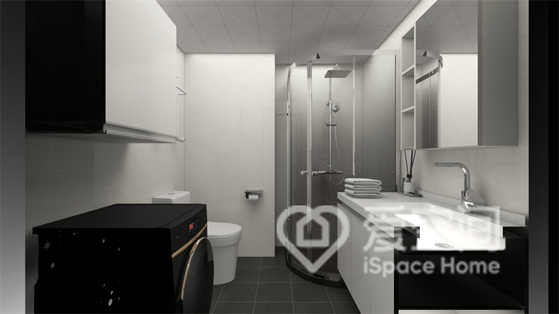 卫浴间采用灰色与白色塑造，整个卫浴氛围优雅又舒适，干湿分离塑造了空间层次。