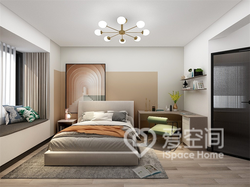 次卧墙面拼接设计，现代元素的加入为空间注入了时尚感，提升了空间的艺术氛围。