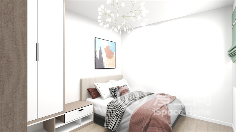 白色的次臥空間中，家具造型簡約，采光通透，軟裝時尚大氣，經久不衰。