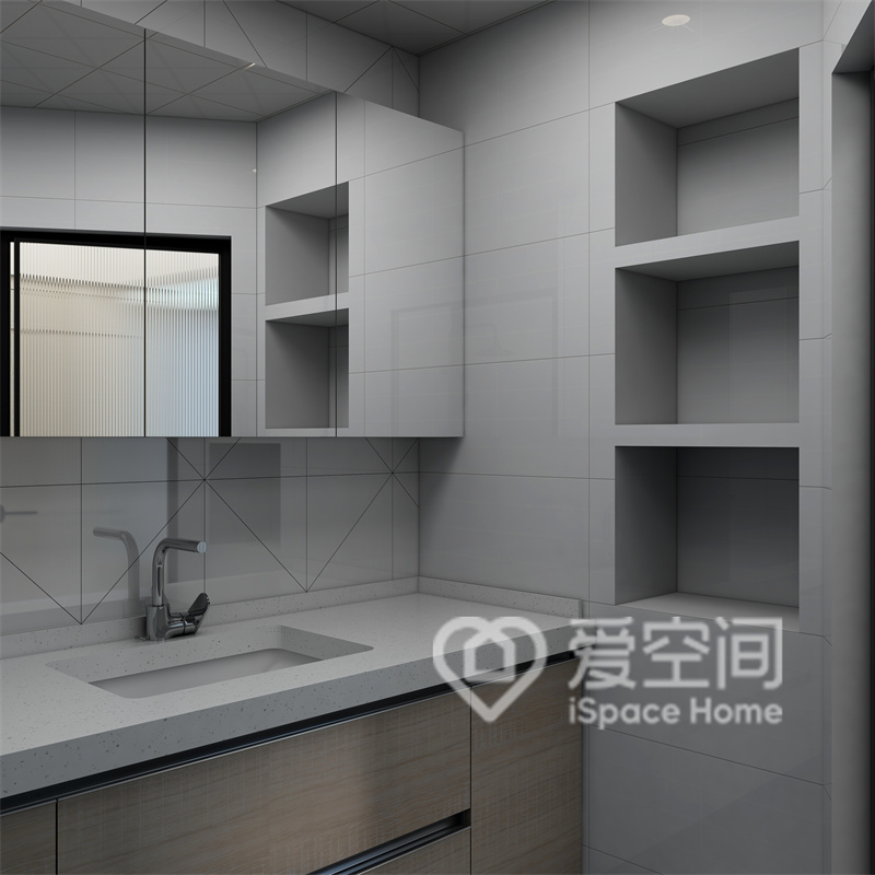 卫生间配色自然简洁，空间以白色砖面为主，洗手台素雅实用，壁龛增添了收纳空间。