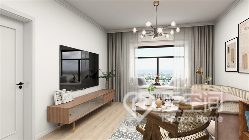 客廳空間以簡約舒適的白色為主色調，布置自然雅致的軟裝家具，空間簡潔而精致。