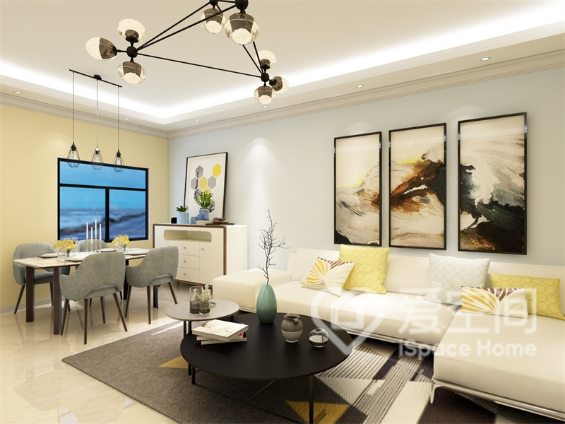 客厅与餐厅之间无隔断，使整体空间更加通透，室内家具颜值与实用功能兼具，营造出的轻松氛围。