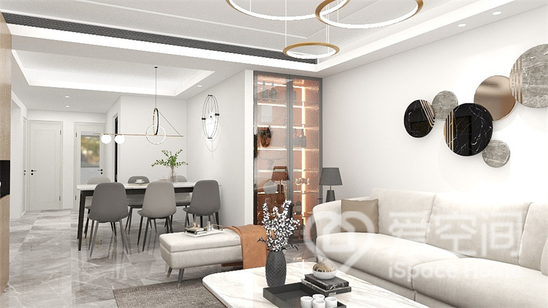 餐厅空间开放式设计，设计师对家居的材质和颜色掌握的非常精准，灰与白的搭配，雅致又大方。