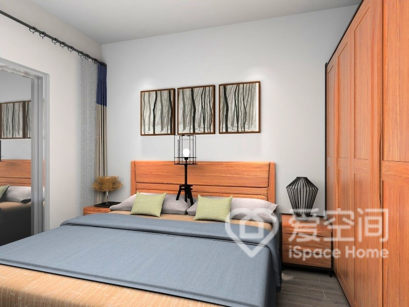 次卧以沉稳的原木色调加以蓝白点缀，映衬出清雅幽静的卧室氛围，打造出现代化居住空间。