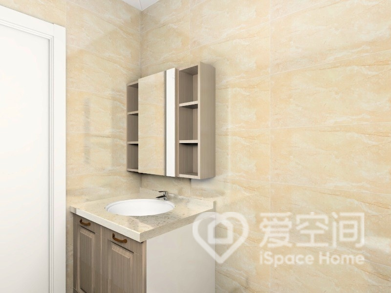卫生间在装修手法上用简洁语言设计，米色背景表达出精致却不张扬的空间调性，打造出优雅舒适的生活情调。