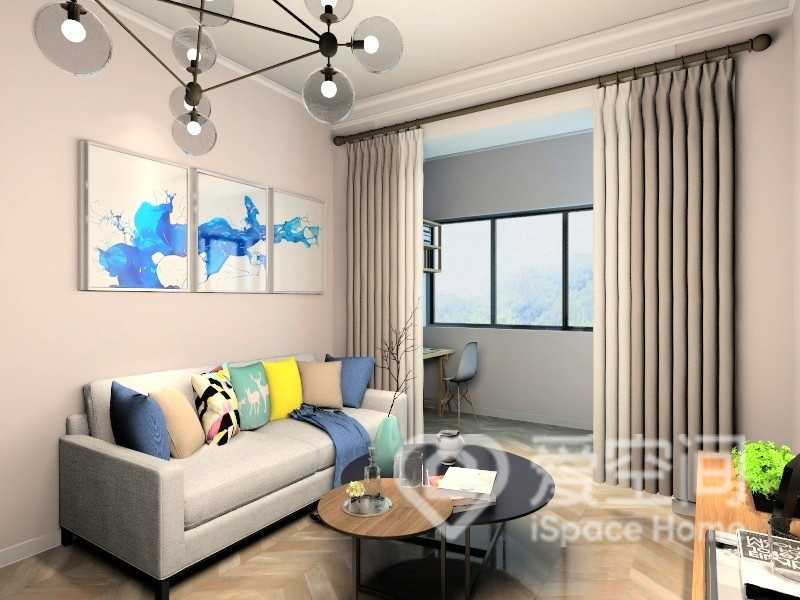 客厅以灰白色为空间主色调，并搭配同色系沙发，利用不同明暗的材质装点其中，呈现出舒适的空间调性。