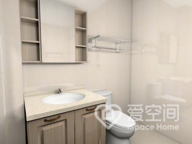 卫生间采用简约手法设计，米白色空间中家具精致且温馨，空间布局十分值得小户型借鉴。