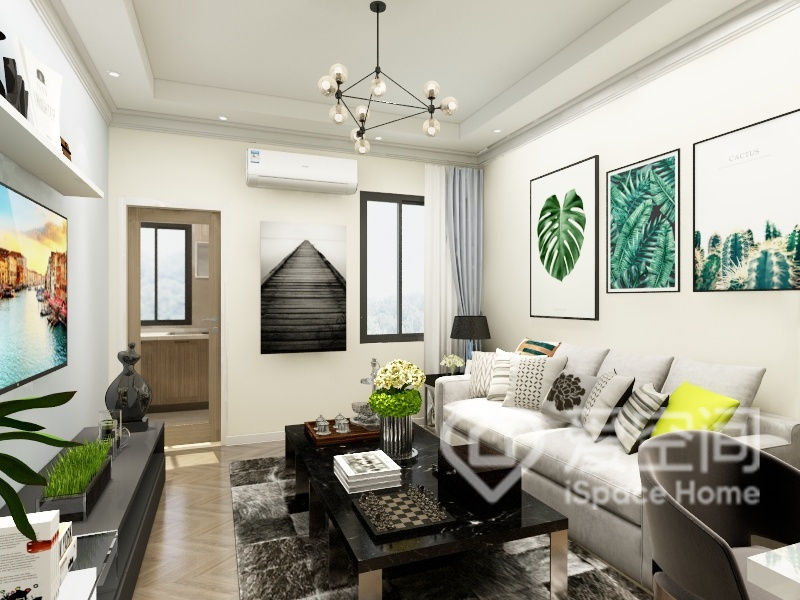 客厅选用米白色为背景主色，家具及装饰则采用几何线条点缀，凸显出客厅空间的轻奢质感。
