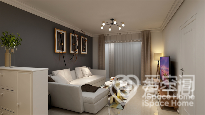 灰色调的背景墙加上白色沙发设计，客厅显得温暖而舒适，简单的吊顶设计令空间显得十分开阔。