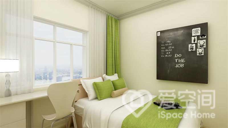 绿色与米色碰撞出活力与静谧，体现了现代风特有的风格特质，为业主呈现了一个具有设计感的卧室空间。