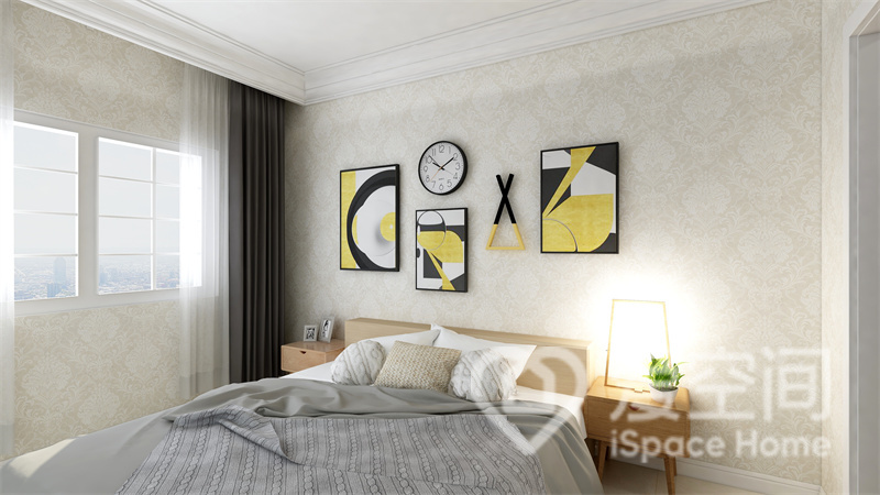 次卧的材料运用简洁自然，香槟色壁纸的铺贴提升了卧室的优雅感，墙面装饰增加了空间的时尚气息。
