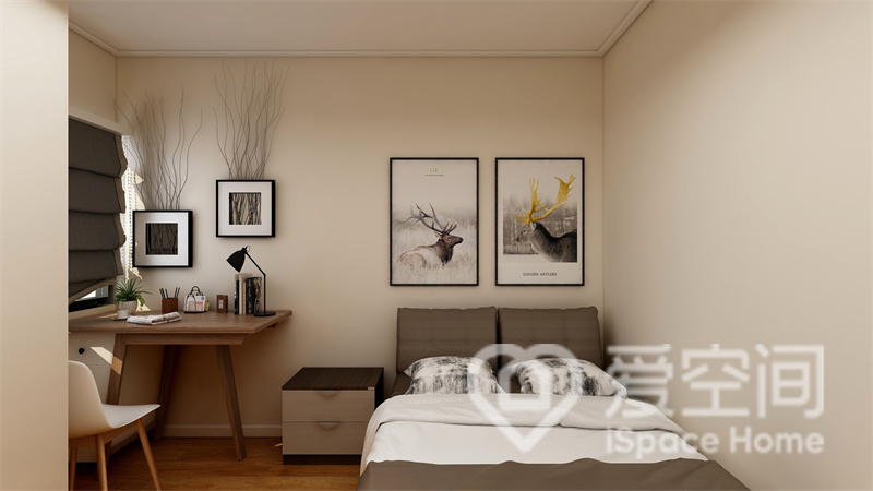 次卧以米色为空间主题色，床品则以白色与咖色相互配合，塑造出简洁安静，柔和温馨的氛围。