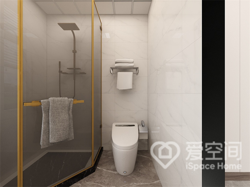 卫浴空间采用干湿分离设计，局部使用黄色边框勾勒淋浴房，形成静谧温馨的氛围感受。