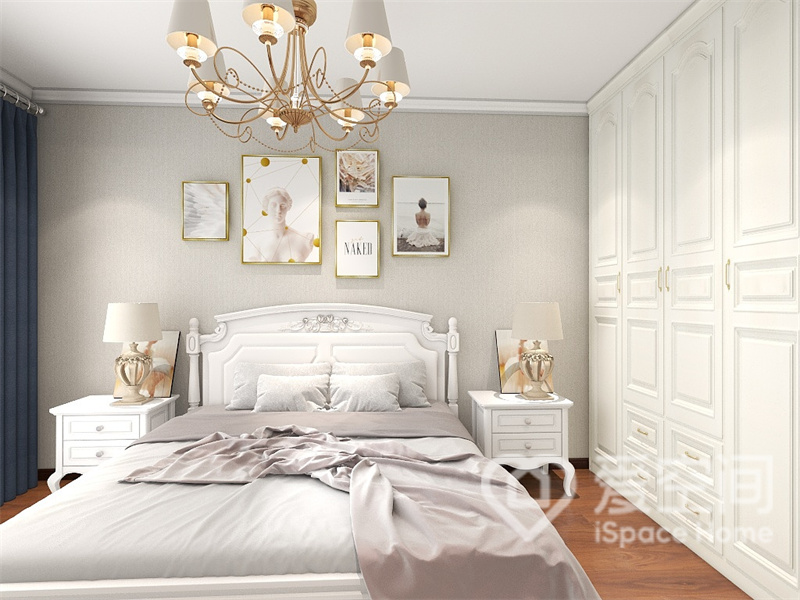 主卧采用米色、浅白等暖色调，彰显出居家的温度，而卧室背景墙的设计，也表达出了主人的个性追求。
