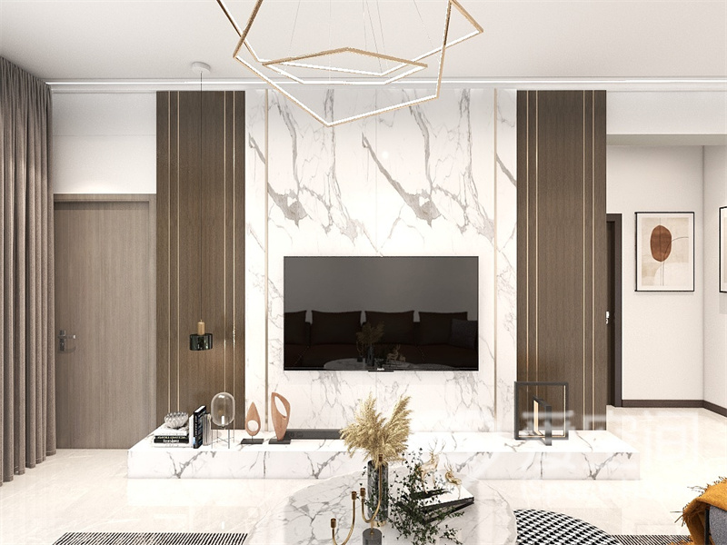 客厅电视背景墙设计简洁利落，为整体白色空间带来一种冷冽感，吊顶大理石材质与整体家具颜色相互融合。