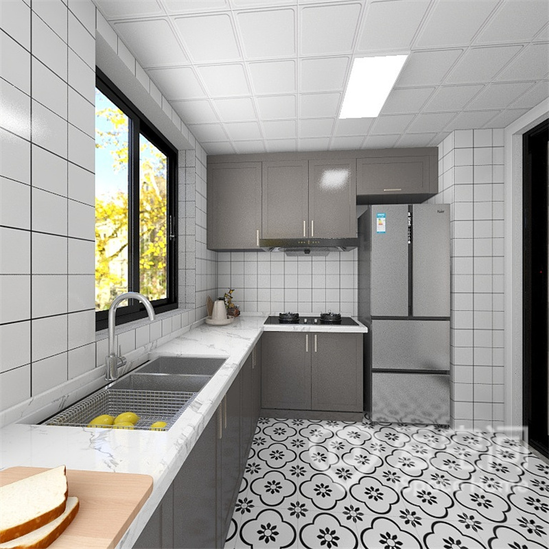 厨房整体设计以L造型为主，棱角分明，与白色花砖结合起来，让人感觉厨房明亮而又舒适，。