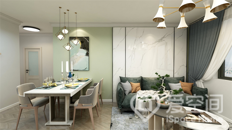 客厅与餐厅处于同一空间，背景墙以色块元素搭配，白色大理石与绿色墙面组合，非常简约时尚。