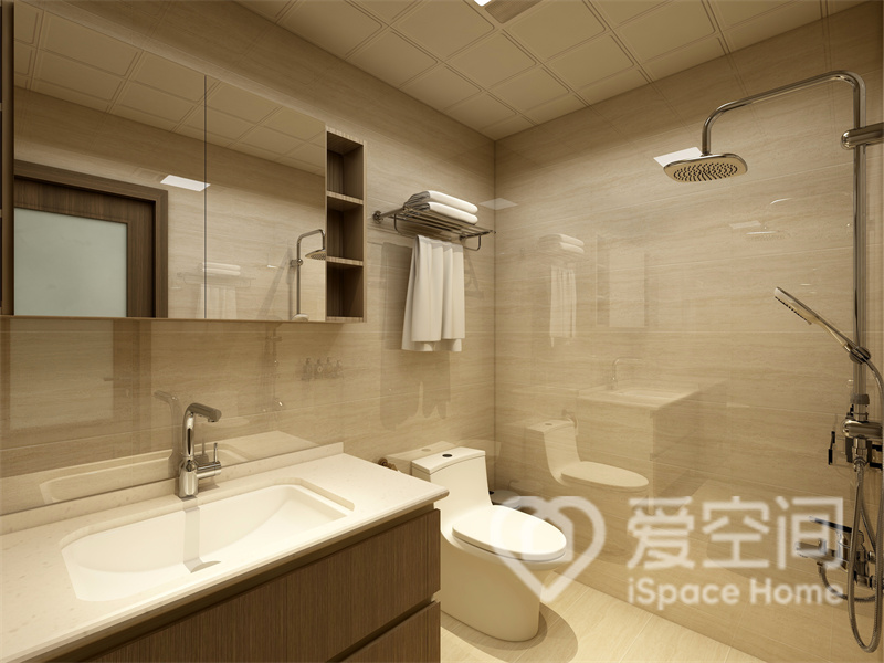 米色卫生间很好的呈现出中式空间的品质感和温馨感，白色洁具放置在其中，令空间看上去更加简洁。