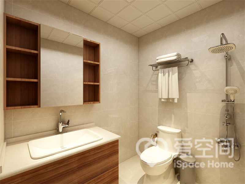 卫生间虽然没有进行干湿分离，但设计师合理地把洗漱空间和坐便空间分离，使得两者互不干扰。