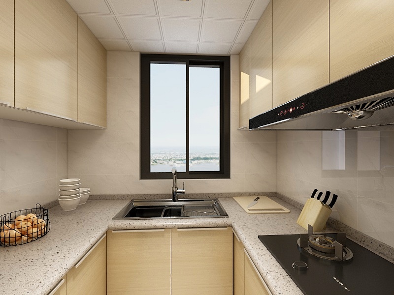厨房呈U型布局，定制的原木橱柜搭配浅色操作台，呈现出立体感，室内动线规划流畅，方便烹饪。
